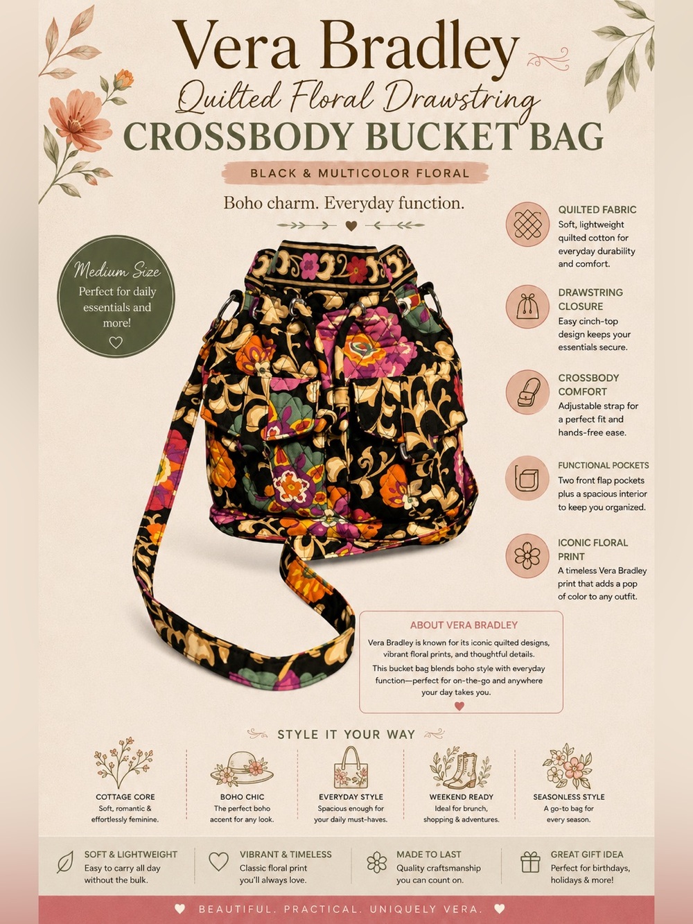 Vera Bradley Quilted Floral Drawstring Crossbody Bag Black and multicolor bucket